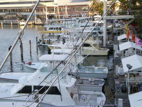 Boat at Bayside Marina at Bayside Market Place in Miami Florida-May 8 2009