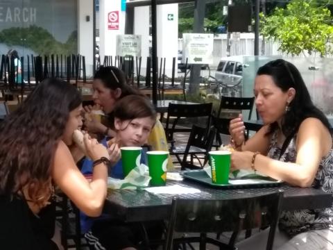 Subway In Jaco, Costa Rica with Marilyn Soto, Isaac Soto, Nicole Soto, Marjorie Soto eating breakfast